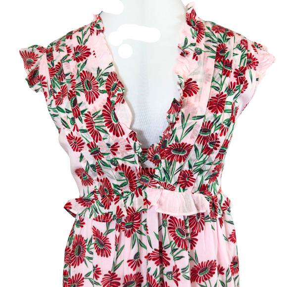 Banjanan Constance Red Pink Floral Maxi Dress VNeck Flutter Sleeves Ruffle Sz L - Picture 8 of 10